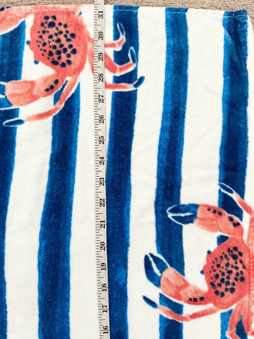 Sun Squad Blue & White Striped Beach Towel with Red Crab Print- Coastal/Nautical